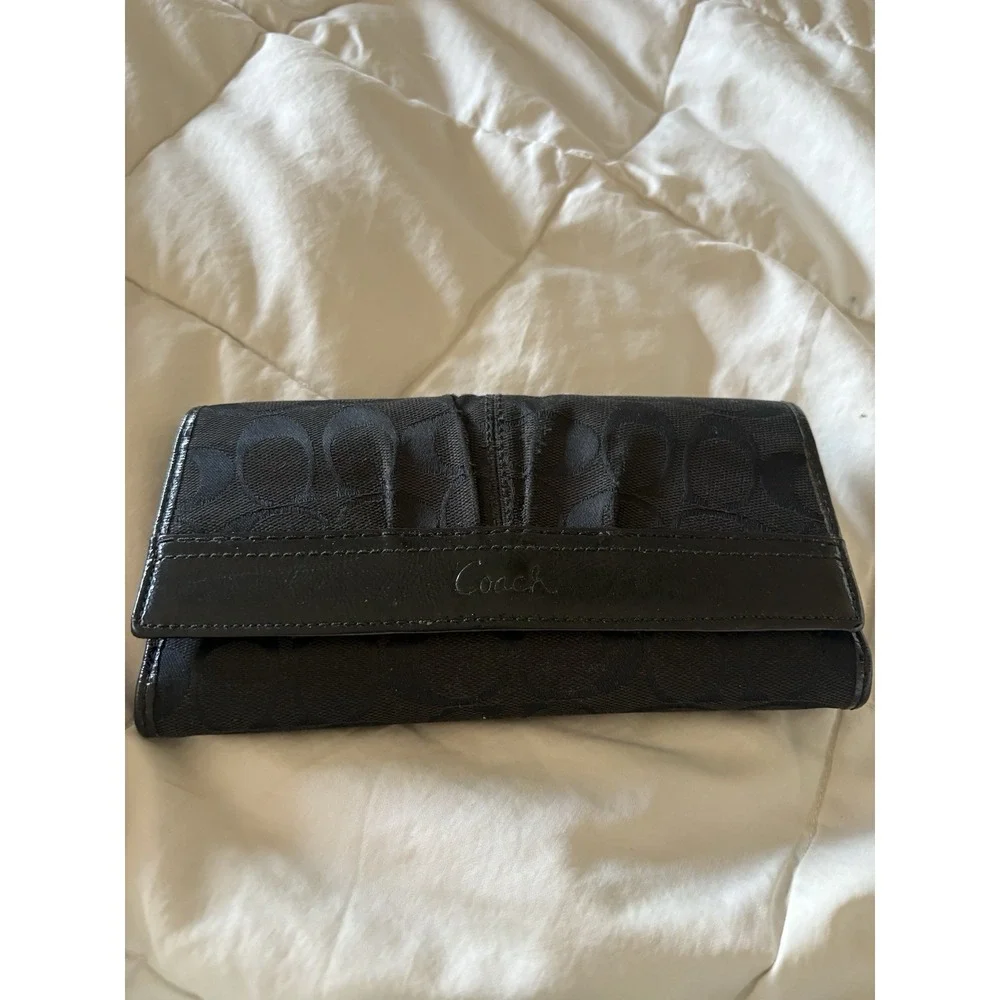 Coach Signature Zip Around Wallet Canvas Leather Trim